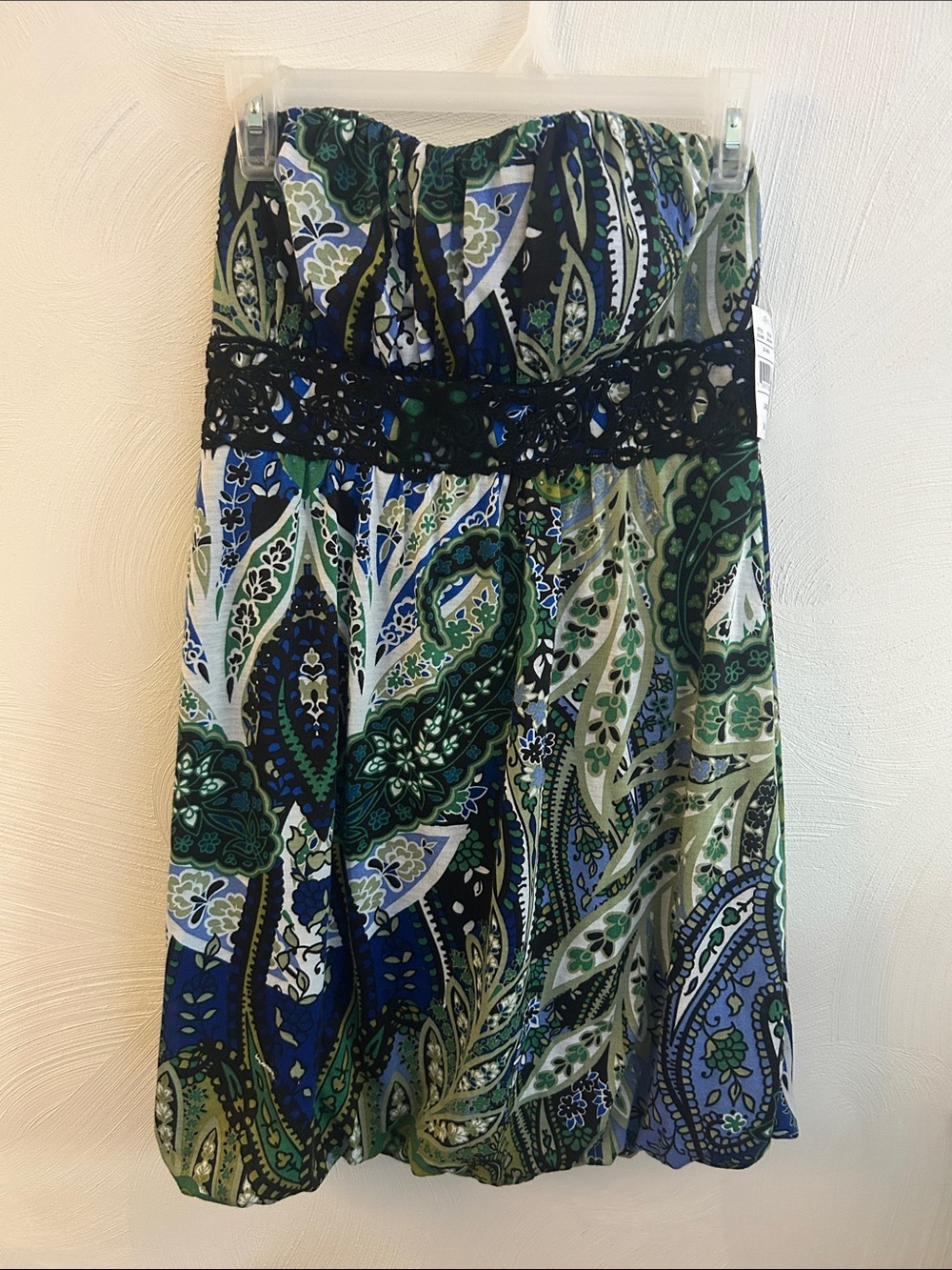 Ruby Rox Strapless Paisley Mini Dress in Blue & Green with Black Crochet Waist